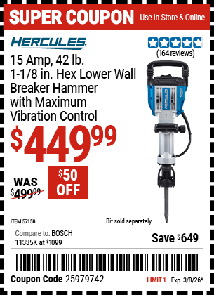 Harbor Freight Coupons, HF Coupons, 20% off - HERCULES 15 Amp, 42 lb., 1-1/8 in. Hex Lower Wall Breaker Hammer with Maximum Vibration Control for $399.99
