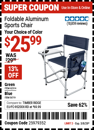 Harbor Freight Coupons, HF Coupons, 20% off - Foldable Aluminum Sports Chair for $19.99