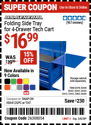 Harbor Freight Coupons, HF Coupons, 20% off - 4 Drawer Tech Cart Folding Side Trays