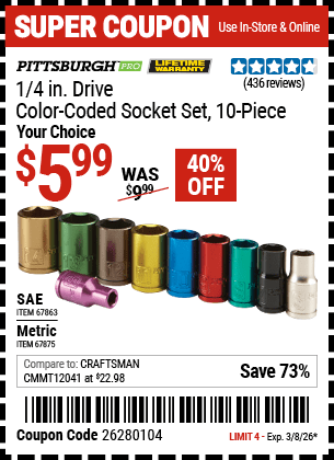 Harbor Freight Coupons, HF Coupons, 20% off - 1/4 in. Drive SAE Color Coded Socket Set, 10 Pc.