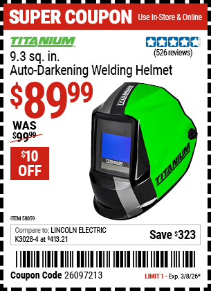 Harbor Freight Coupons, HF Coupons, 20% off - TITANIUM 9.3 sq. in. Auto Darkening Welding Helmet 