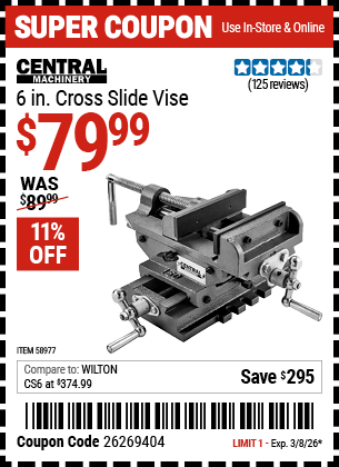 Harbor Freight Coupons, HF Coupons, 20% off - CENTRAL MACHINERY 6 in. Cross Slide Vise 