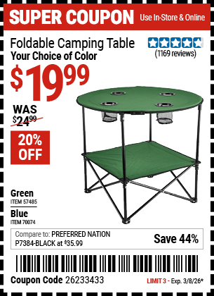 Harbor Freight Coupons, HF Coupons, 20% off - Foldable Camping Table