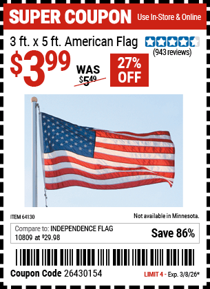 Harbor Freight Coupons, HF Coupons, 20% off - 3 Ft. X 5 Ft. American Flag