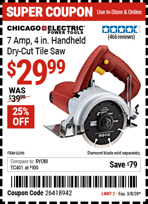 Harbor Freight Coupons, HF Coupons, 20% off - 4 In. Handheld Dry-cut Tile Saw