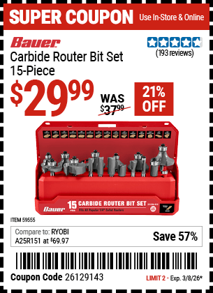 Harbor Freight Coupons, HF Coupons, 20% off - BAUER Carbide Router Bit Set 