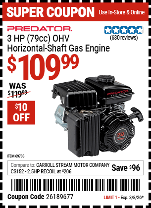 Harbor Freight Coupons, HF Coupons, 20% off - 3 Hp (79 Cc) Ohv Horizontal Shaft Gas Engine