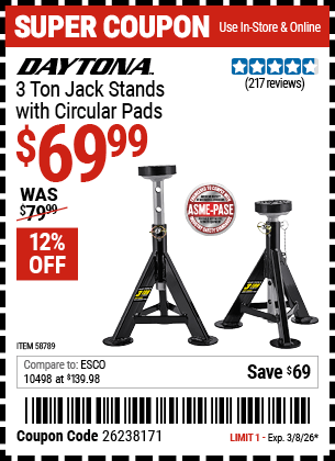 Harbor Freight Coupons, HF Coupons, 20% off - DAYTONA 3 Ton Jack Stands with Circular Pads for $69.99