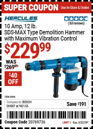 Harbor Freight Coupons, HF Coupons, 20% off - 10 Amp 12 lb.  SDS Max-Type Demolition Hammer with Maximum Vibration Control