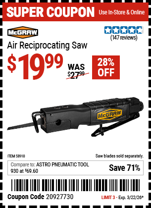 Harbor Freight Coupons, HF Coupons, 20% off - MCGRAW Air Reciprocating Saw for $19.99
