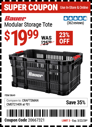 Harbor Freight Coupons, HF Coupons, 20% off - BAUER Modular Storage Tote for $19.99