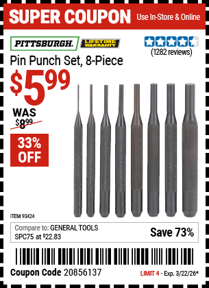 Harbor Freight Coupons, HF Coupons, 20% off - 8 Piece Pin Punch Set
