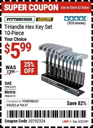 Harbor Freight Coupons, HF Coupons, 20% off - 10 Piece T-handled Hex Key Sets