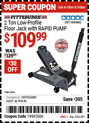 Harbor Freight Coupons, HF Coupons, 20% off - PITTSBURGH 2 Ton Low-Profile Floor Jack with RAPID PUMP for $109.99