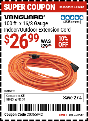 Harbor Freight Coupons, HF Coupons, 20% off - 100 Ft X 16 Gauge Outdoor Extension Cord