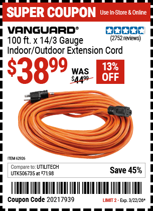 Harbor Freight Coupons, HF Coupons, 20% off - 100 Ft. X 14 Gauge Indoor/outdoor Extension Cord