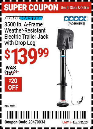 Harbor Freight Coupons, HF Coupons, 20% off - HAUL-MASTER 3500 lb. A-Frame Weather Resistant Electric Trailer Jack with Drop Leg for $149.99