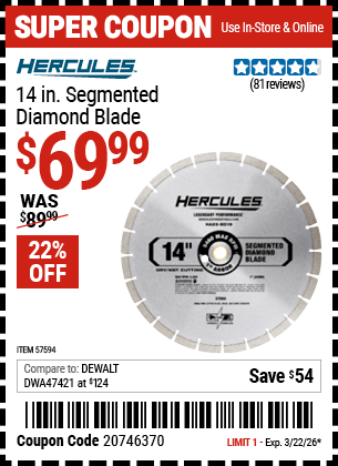 Harbor Freight Coupons, HF Coupons, 20% off - 14 in. Segmented Diamond Blade