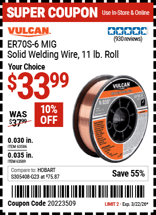 Harbor Freight Coupons, HF Coupons, 20% off - 0.035 in. ER70S-6 MIG Solid Welding Wire, 11.00 lb. Roll