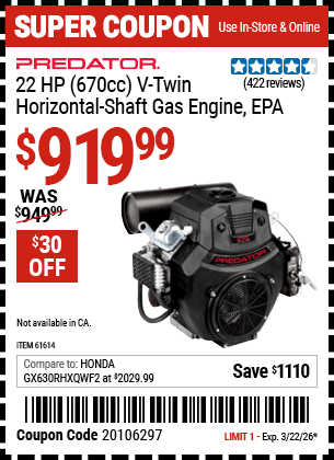 Harbor Freight Coupons, HF Coupons, 20% off - 22 Hp V-twin Gas Engines - 670 Cc Horizontal Shaft Or 708 Cc Vertical Shaft