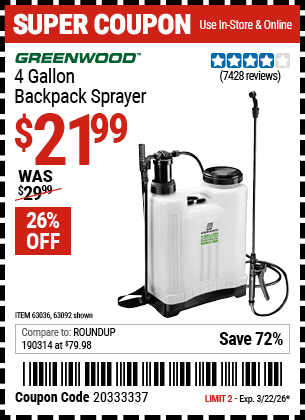 Harbor Freight Coupons, HF Coupons, 20% off - 4 Gallon Backpack Sprayer