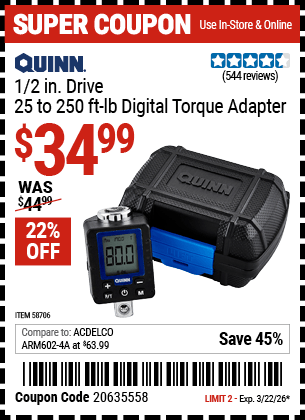Harbor Freight Coupons, HF Coupons, 20% off - QUINN 1/2 in. Drive Digital Torque Adapter for $39.99