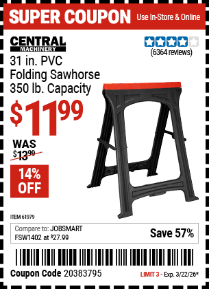 Harbor Freight Coupons, HF Coupons, 20% off - 350 Lb. Capacity Folding Sawhorse