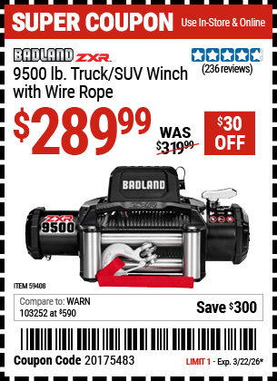 Harbor Freight Coupons, HF Coupons, 20% off - BADLAND ZXR 9500 lb. Truck/SUV Winch with Wire Rope 