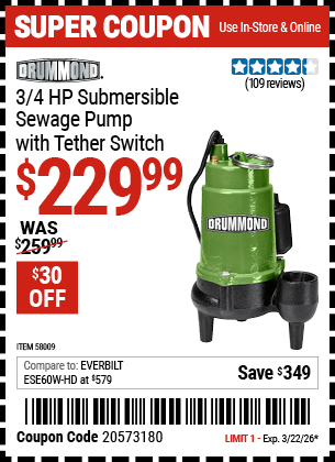 Harbor Freight Coupons, HF Coupons, 20% off - DRUMMOND 3/4 HP Submersible Sewage Pump with Tether Switch for $239.99