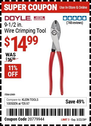 Harbor Freight Coupons, HF Coupons, 20% off - DOYLE 9-1/2 in. Wire Crimping Tool for $13.99