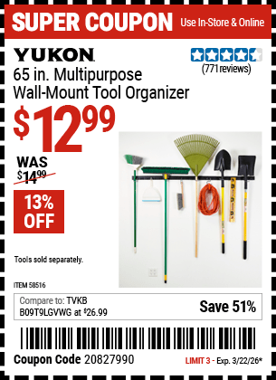 Harbor Freight Coupons, HF Coupons, 20% off - YUKON 65 in. Multi-Purpose Wall Mount Tool Organizer for $9.99