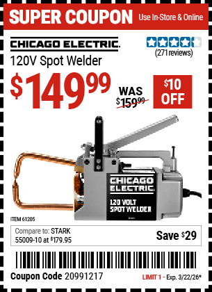Harbor Freight Coupons, HF Coupons, 20% off - 120 Volt Spot Welder