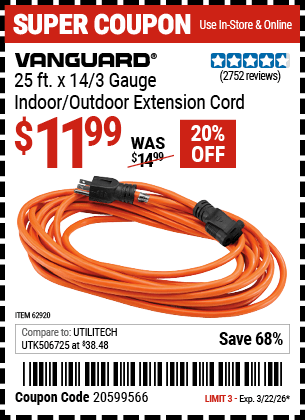 Harbor Freight Coupons, HF Coupons, 20% off - VANGUARD 25 ft. x 14/3 Gauge Indoor/Outdoor Extension Cord, Orange for $9.99