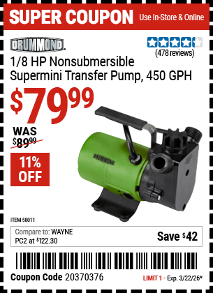 Harbor Freight Coupons, HF Coupons, 20% off - 1/8  HP Non-Submersible Super Mini Transfer Pump 450 GPH