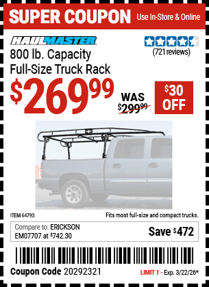 Harbor Freight Coupons, HF Coupons, 20% off - HAUL-MASTER 800 Lbs. Capacity Full Size Truck Rack for $229.99