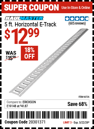 Harbor Freight Coupons, HF Coupons, 20% off - 5 Ft Horizontal E-track