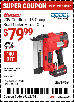 Harbor Freight Coupons, HF Coupons, 20% off - BAUER 20v Cordless 18 Gauge Brad Nailer for $79.99