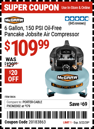 Harbor Freight Coupons, HF Coupons, 20% off - MCGRAW 6 gallon 0.8 HP 150 PSI Oil Free Pancake Air Compressor 