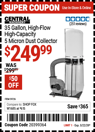 Harbor Freight Coupons, HF Coupons, 20% off - CENTRAL MACHINERY 35 Gallon, 2 HP High-Flow High-Capacity Dust Collector for $199.99