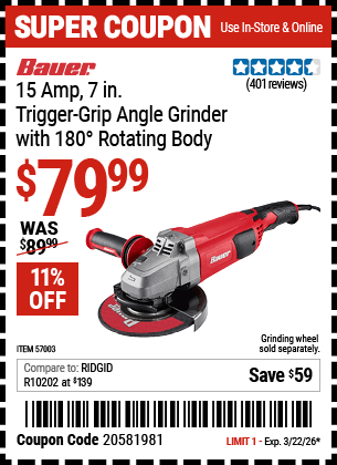 Harbor Freight Coupons, HF Coupons, 20% off - 15  Amp 7 in.  Trigger Grip Angle Grinder with 180� Rotating Body
