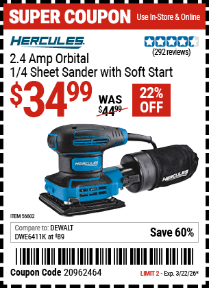 Harbor Freight Coupons, HF Coupons, 20% off - 2.4 Amp Corded 1/4 Sheet Palm Finishing Sander