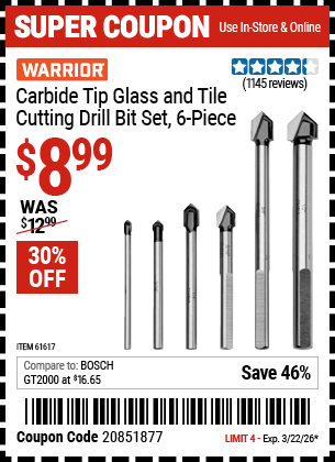 Harbor Freight Coupons, HF Coupons, 20% off - 6 Piece Carbide Tip Glass And Tile Cutting Drill Bit Set