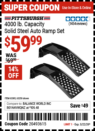 Harbor Freight Coupons, HF Coupons, 20% off - 2 Piece Solid Steel Auto Ramp Set