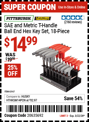 Harbor Freight Coupons, HF Coupons, 20% off - 18 Piece Sae And Metric T-handle Ball End Hex Key Set
