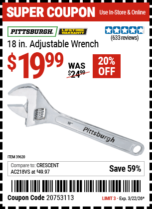 Harbor Freight Coupons, HF Coupons, 20% off - PITTSBURGH 18 in. Adjustable Jumbo Wrench for $17.99