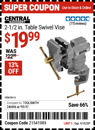Harbor Freight Coupons, HF Coupons, 20% off - CENTRAL MACHINERY 2-1/2 in. Table Swivel Vise 