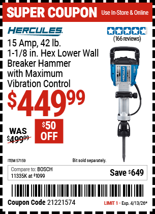 Harbor Freight Coupons, HF Coupons, 20% off - HERCULES 15 Amp, 42 lb., 1-1/8 in. Hex Lower Wall Breaker Hammer with Maximum Vibration Control for $399.99