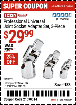 Harbor Freight Coupons, HF Coupons, 20% off - Professional Universal Joint Socket Adapter Set, 3 Pc