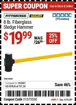 Harbor Freight Coupons, HF Coupons, 20% off - 8 Lb. Fiberglass Sledge Hammer