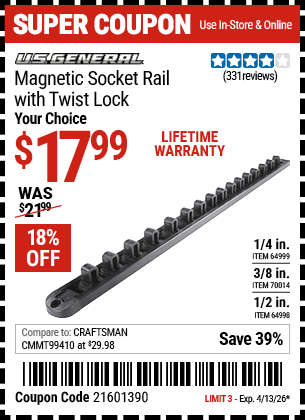 Harbor Freight Coupons, HF Coupons, 20% off - Magnetic Twist Lock Socket Rails